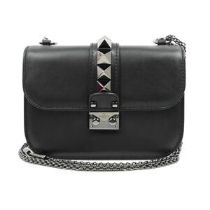 Valentino Black Leather Small Rockstud Glam Lock Gunmetal Flap Crossbody Bag